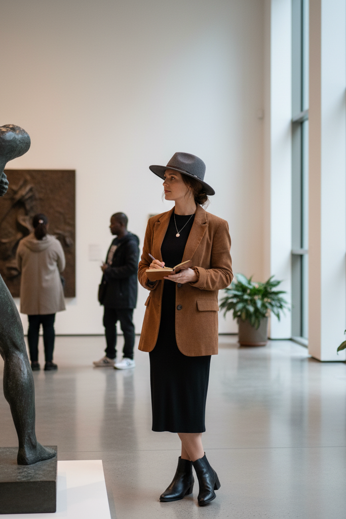 Black jersey dress with a brown corduroy blazer and felt hat at a museum.