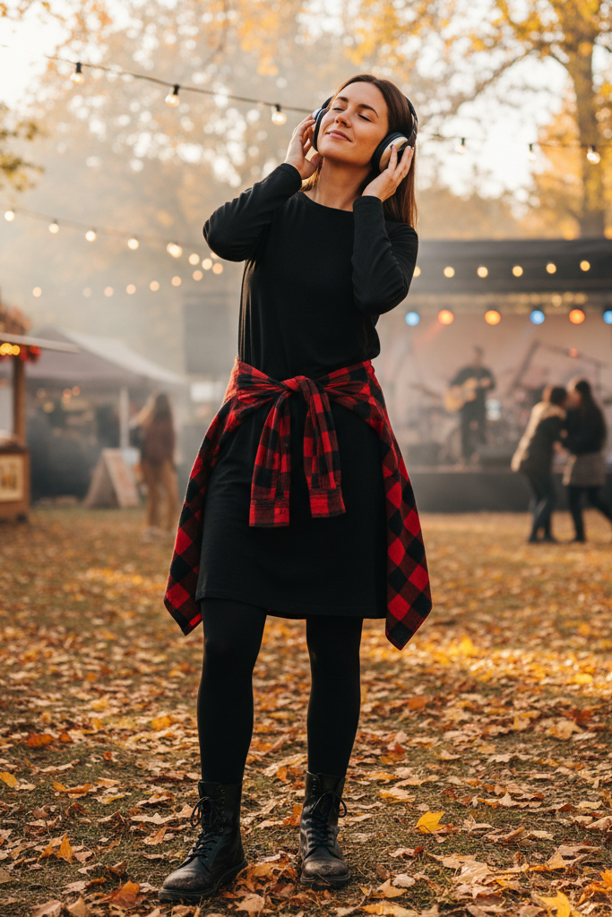 Grunge-inspired winter outfit with a black long-sleeved dress and a red flannel shirt tied at the waist, worn with combat boots.