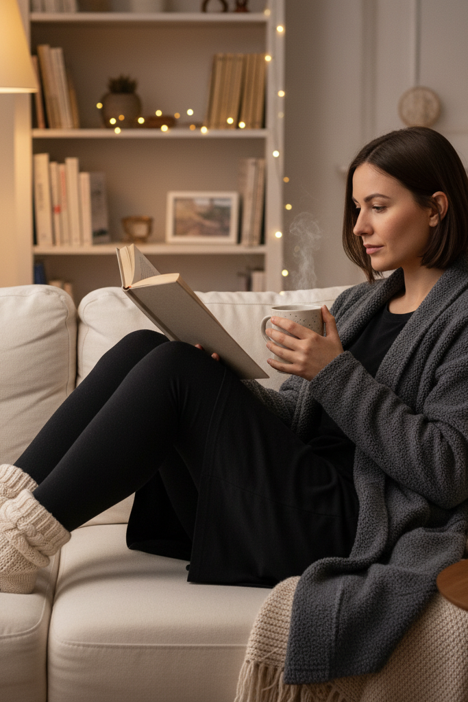Black jersey dress with a grey fleece cardigan and slippers for cozy day at home.