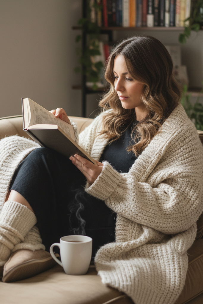 Cozy at-home outfit with a black jersey dress under an oversized cream cardigan, fuzzy socks, and slippers.