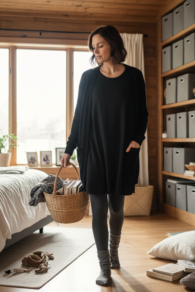 Black jersey dress with a black pocket cardigan and warm socks for home organization.