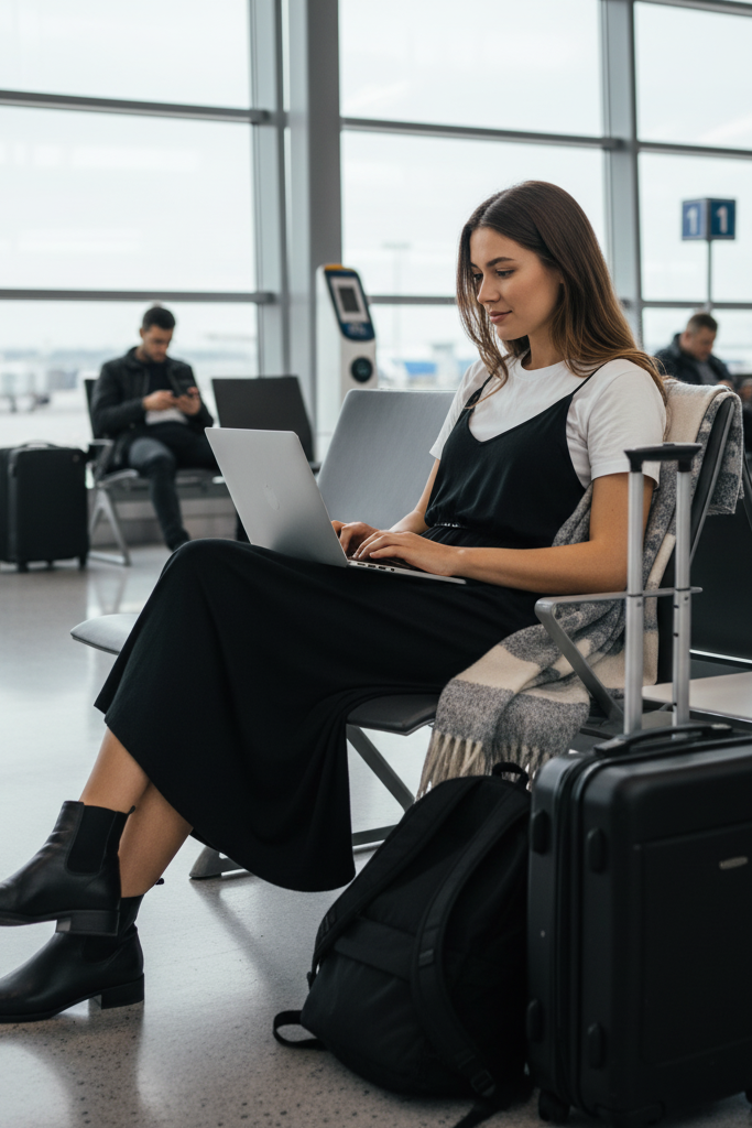 Black jersey dress with slip-on boots for comfortable airport travel.