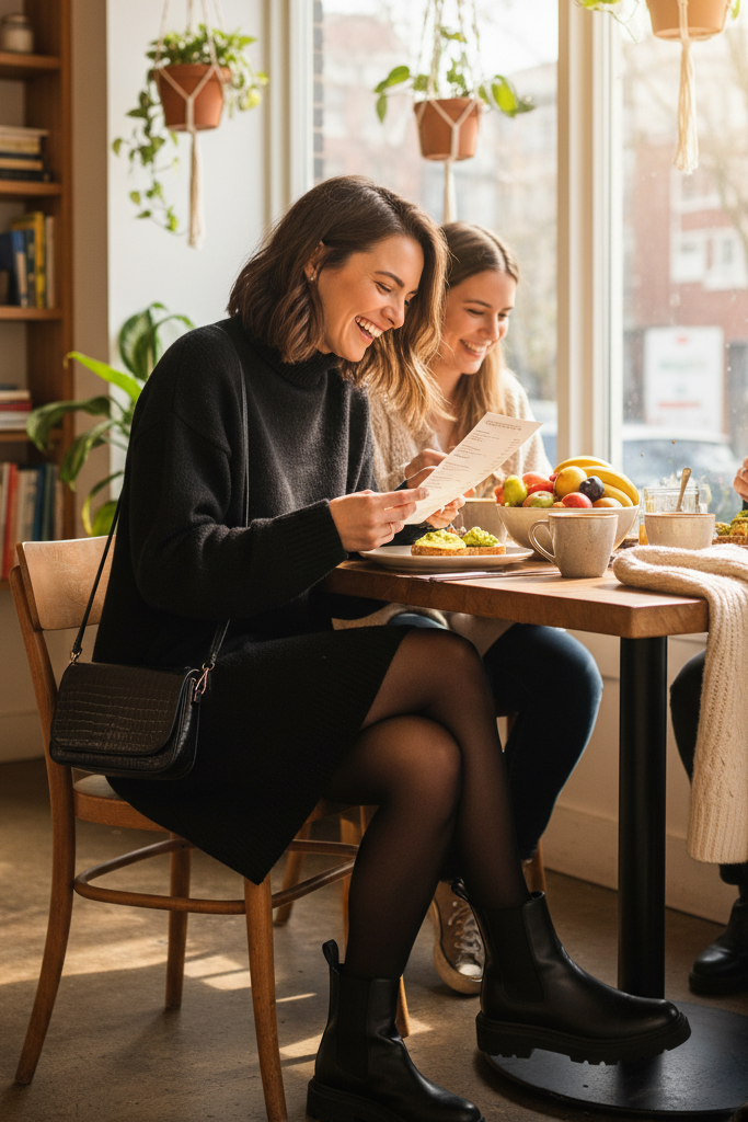 Black turtleneck knit dress with black Chelsea boots for weekend cafe brunch.