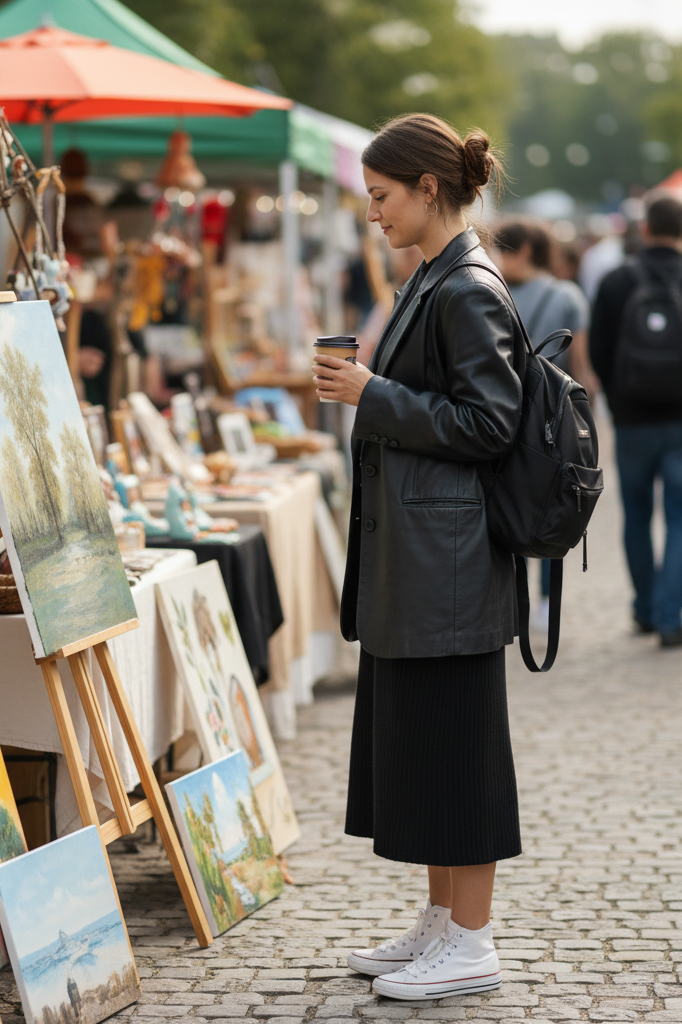 Black knit dress with a leather blazer and sneakers at a weekend art market.