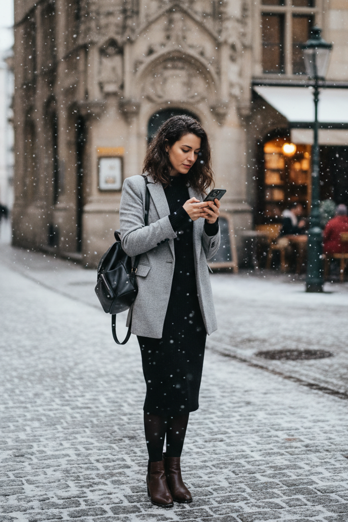 Black knit dress with a lightweight wool blazer and backpack for city sightseeing.