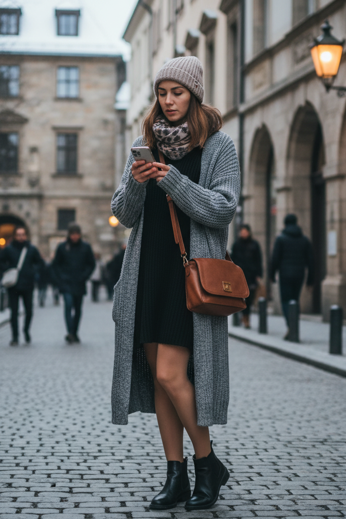  Black knit dress with a grey long cardigan and ankle boots for city touring.