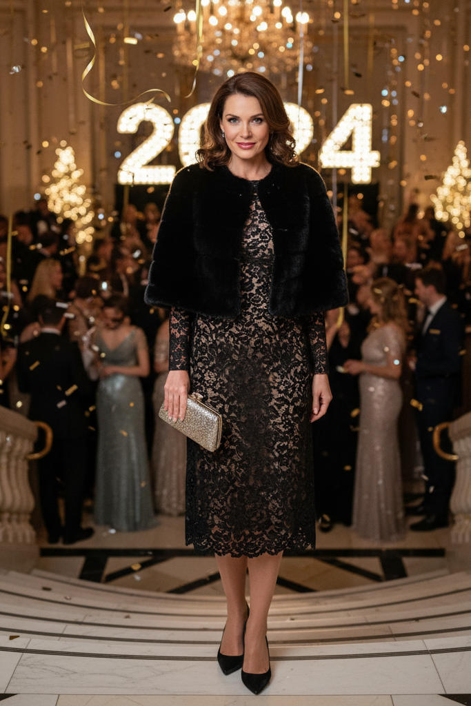 Romantic winter party outfit with a black lace dress and a luxurious black faux fur capelet for a New Year's Eve gala.