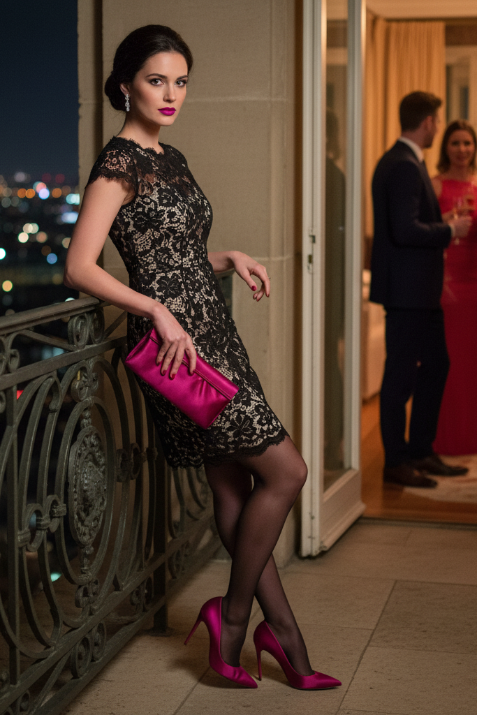Black lace cocktail dress with magenta satin heels at a sophisticated holiday party.