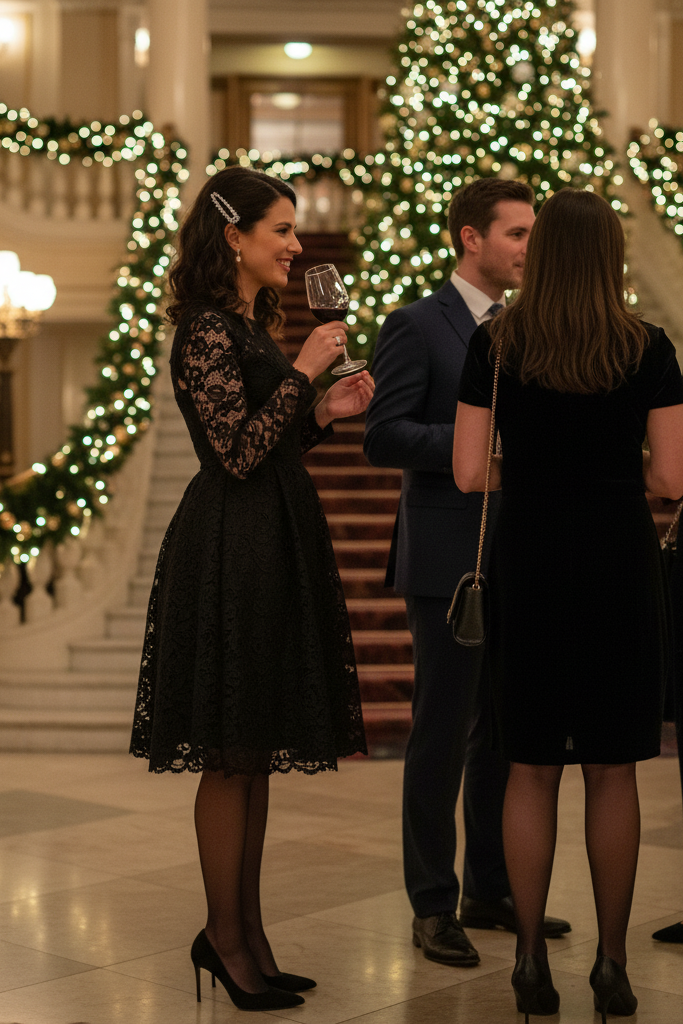 Black lace dress with sheer tights at a holiday concert.