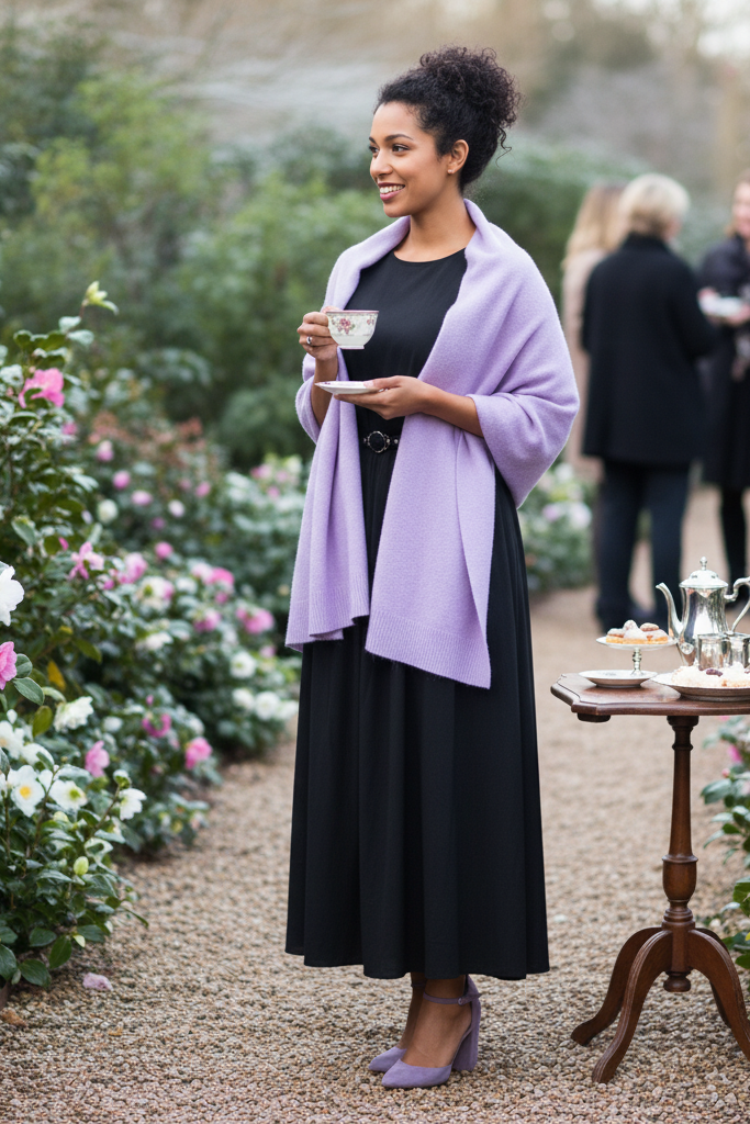 Black maxi dress with lavender suede heels at a winter garden party.