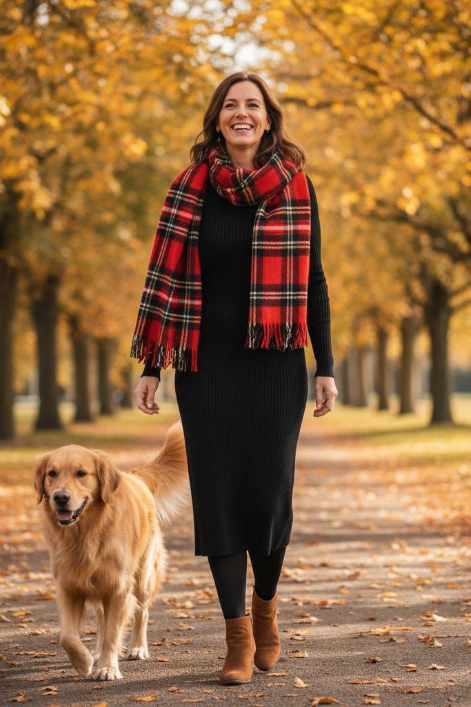 Black ribbed midi dress with brown ankle boots and a scarf for a winter park walk.