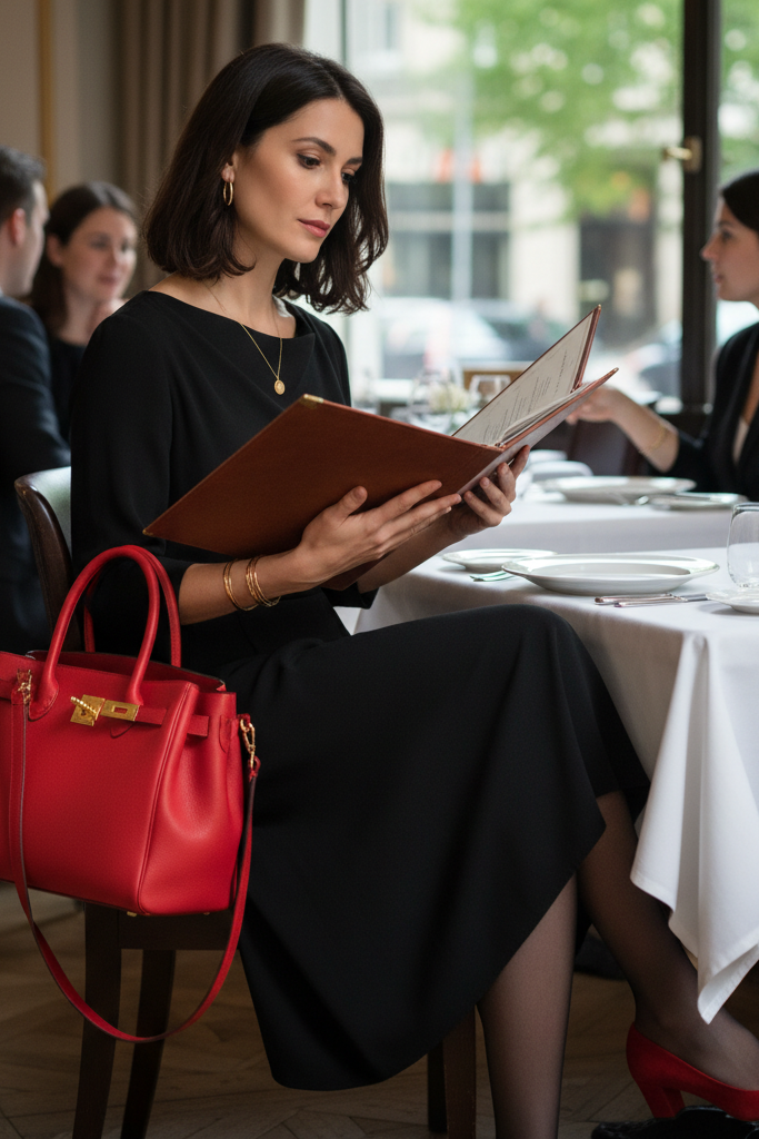 Black crepe midi dress with red kitten heels for a professional business lunch.