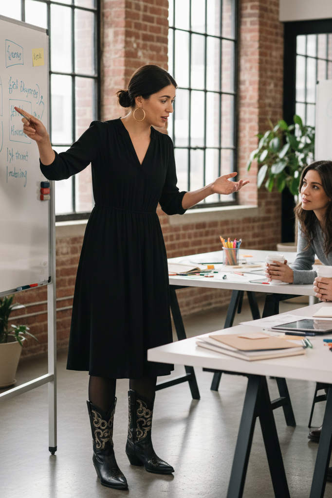 Black crepe midi dress with Western boots in a creative studio workspace