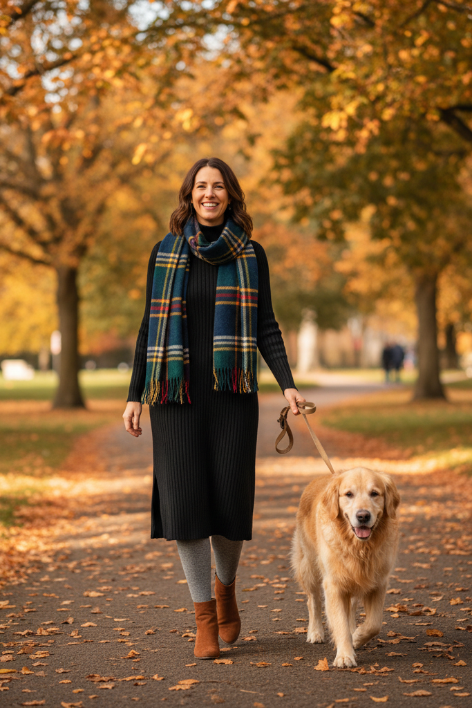 Black ribbed midi dress with wool blend tights and ankle boots for a winter park walk.