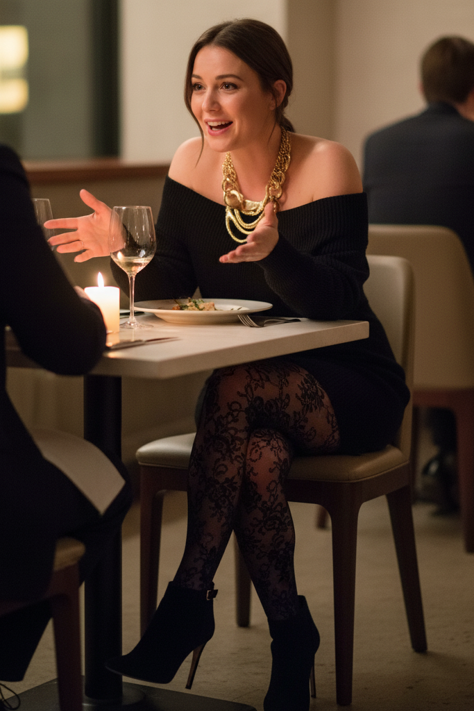 Black off-the-shoulder sweater dress with lace tights for a romantic dinner.