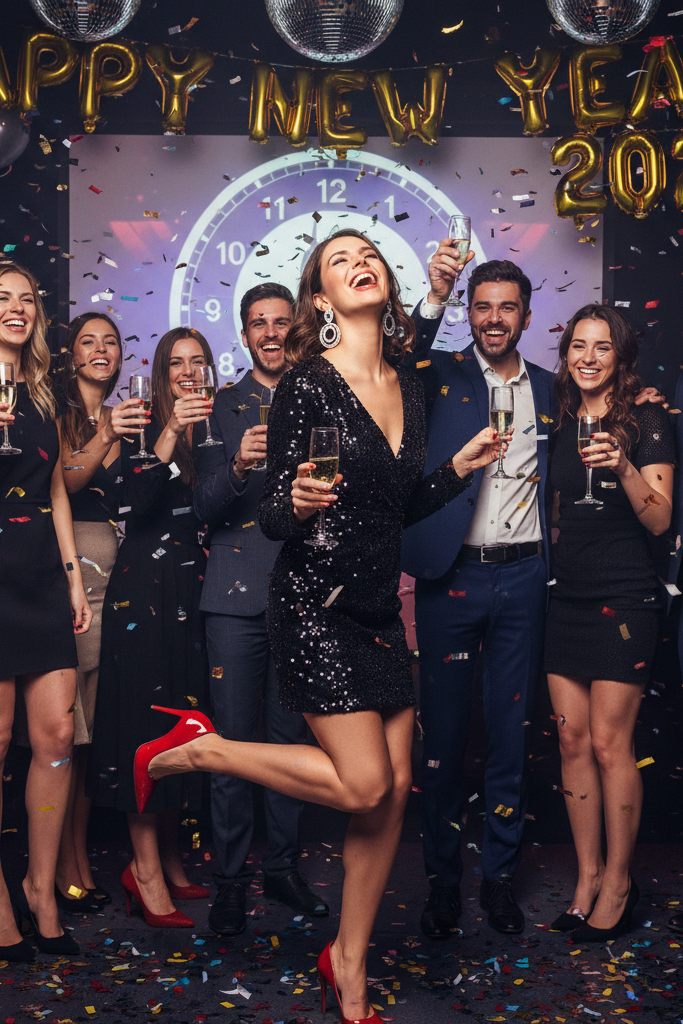Black sequin mini dress with red patent leather heels for a New Year's Eve celebration.