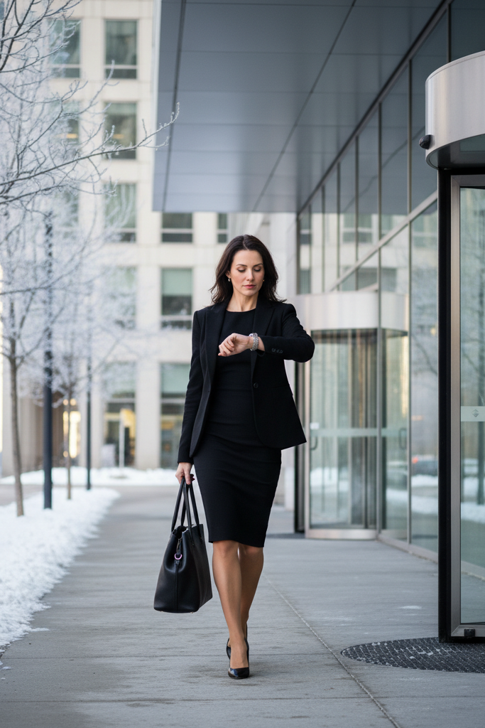 Black sheath dress with a tailored black wool blazer and pumps for a professional office commute.