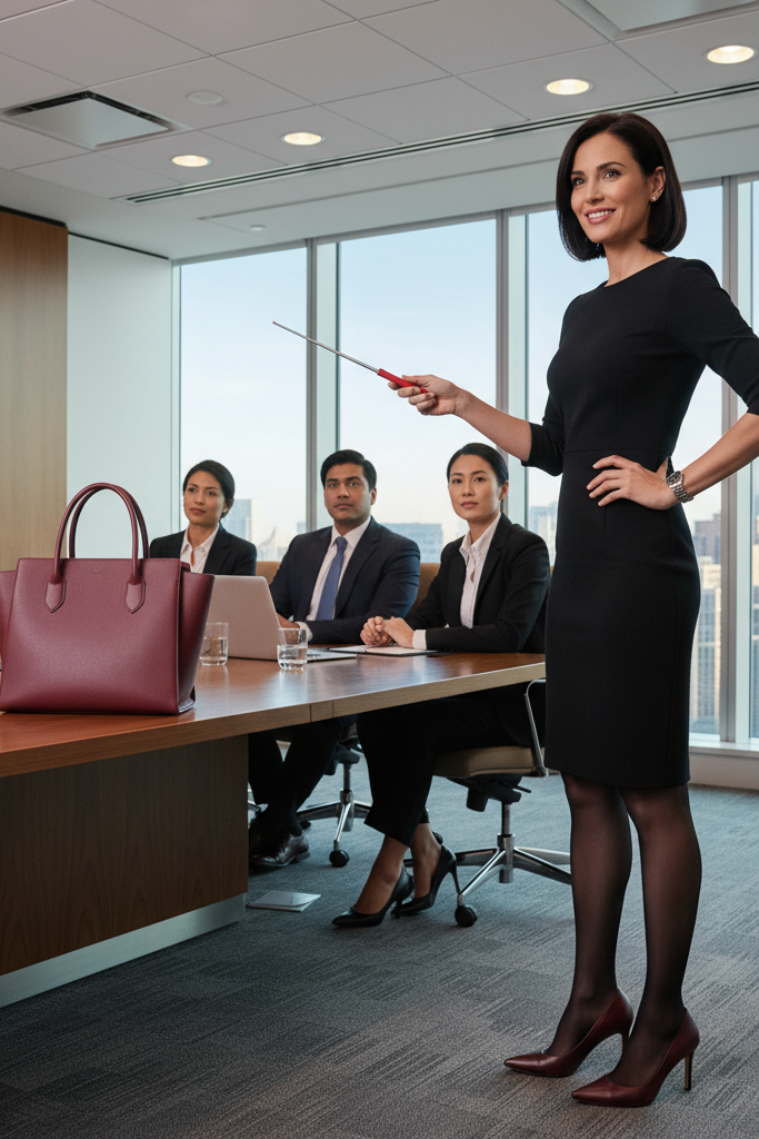Black sheath dress with burgundy leather pumps for a professional office presentation.