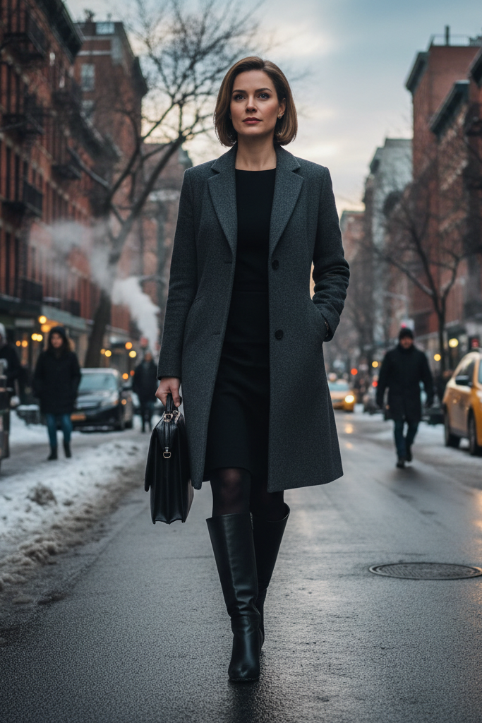 Black sheath dress with black knee-high boots for a professional winter commute.