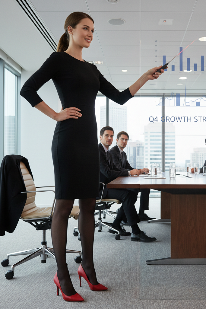 Black sheath dress with red pumps and a blazer for a professional office meeting.