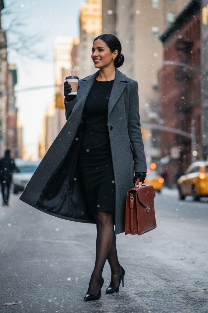 Black sheath dress with sheer black tights and pumps for a professional winter commute.