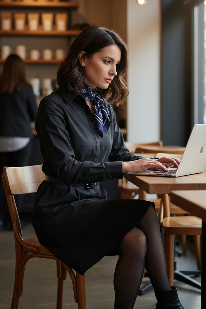 Smart casual look with a belted black shirt dress, tights, ankle boots, and a silk scarf at a coffee shop.