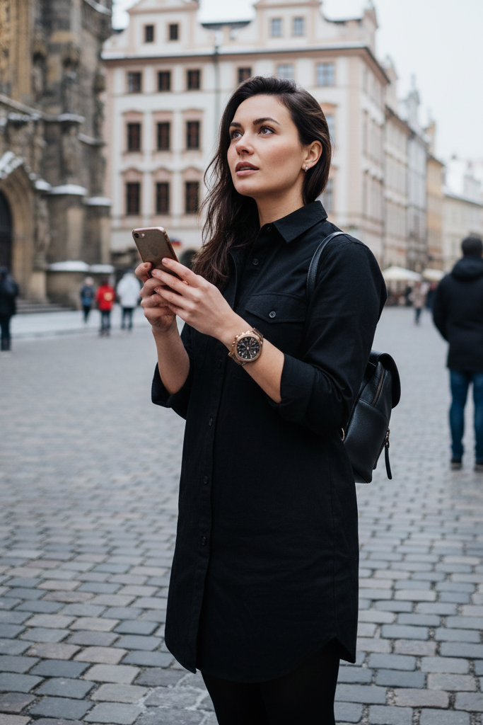 Black shirt dress with bronze metallic walking heels for city touring.