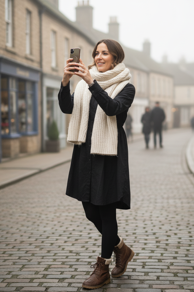 Smart-casual winter outfit with a black shirtdress, a giant chunky scarf, leggings, and booties for exploring a town.