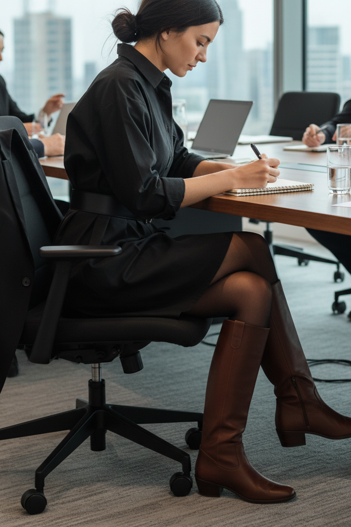 Black shirt dress with brown riding boots for a business casual meeting.