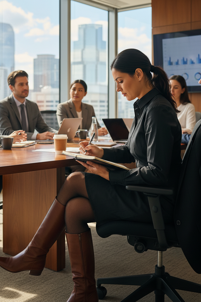 Black cotton shirt dress with textured tights and riding boots for business casual.