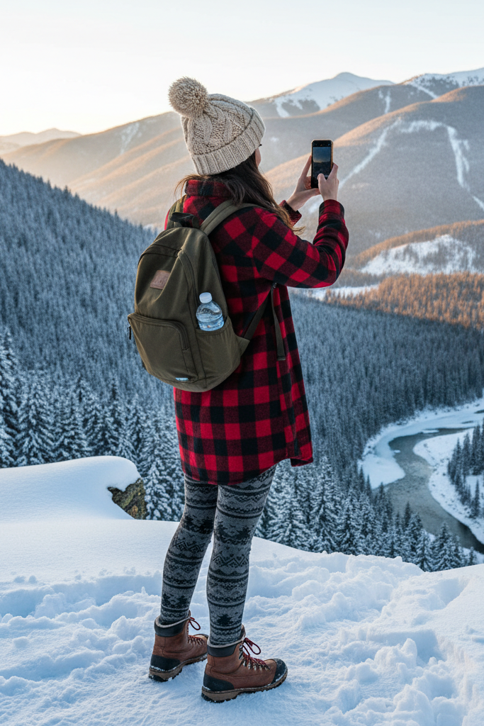 Black flannel shirt dress with thermal tights and hiking boots for winter outdoor activities.