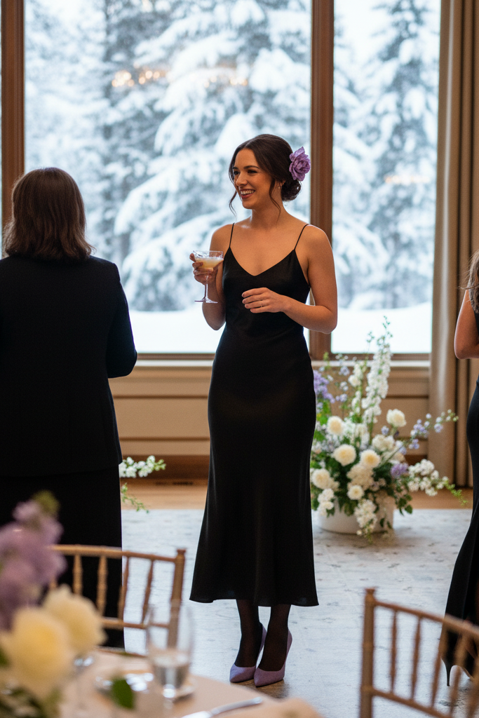 Black silk slip dress with lilac suede heels at a destination wedding reception.