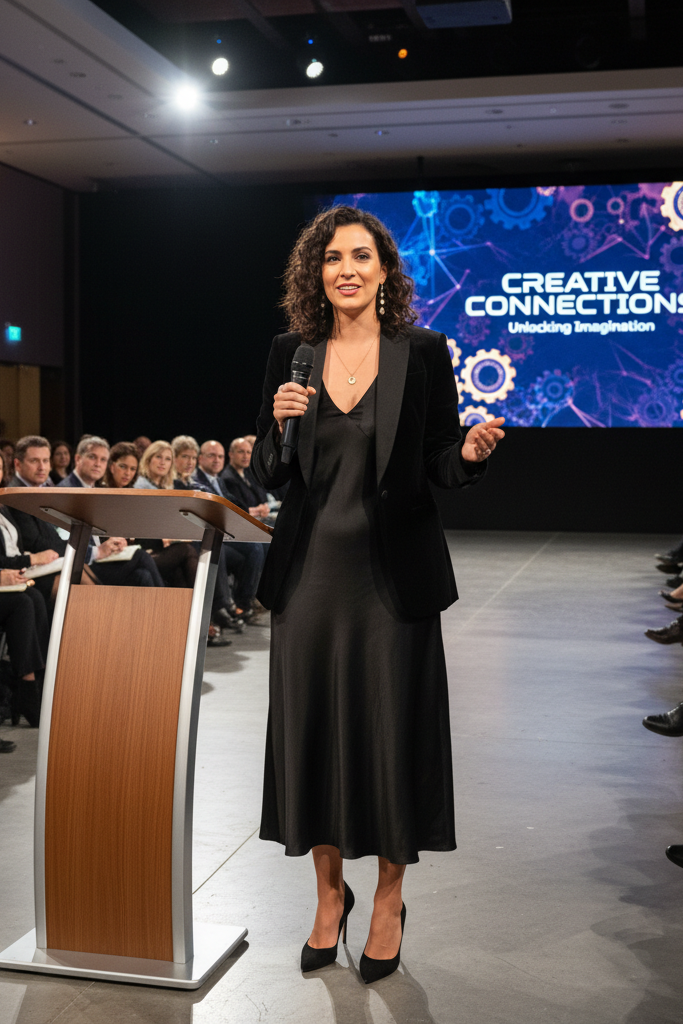 Black silk dress with a black velvet blazer and pumps at a creative conference.