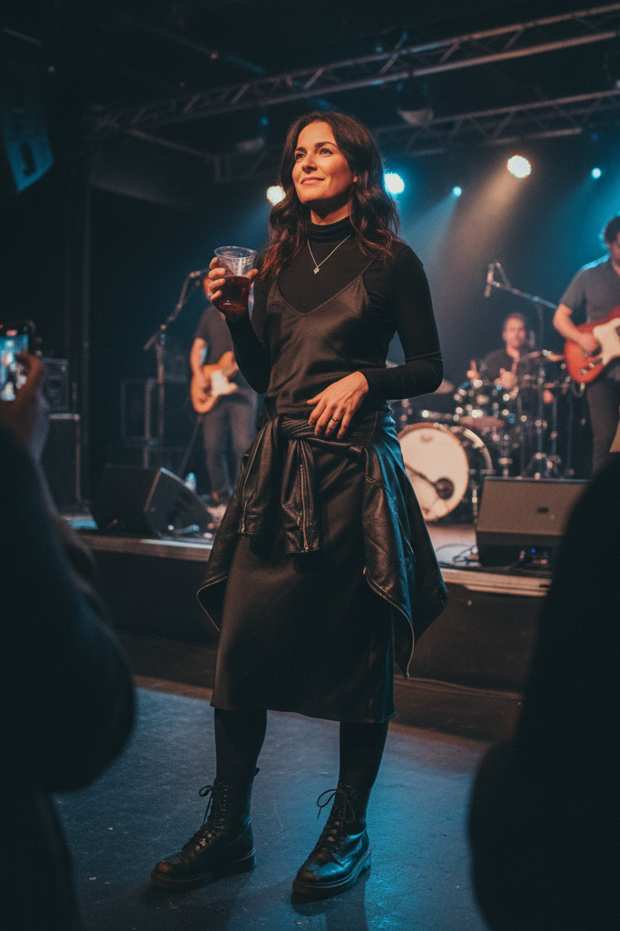 Black silk slip dress with combat boots for a casual winter concert.