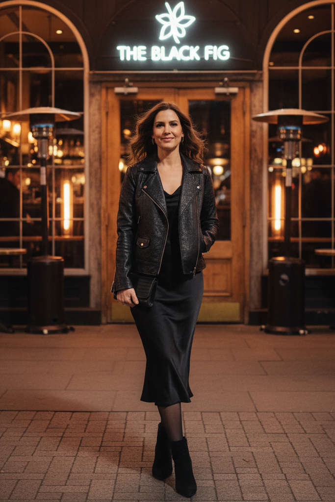 Edgy date night outfit featuring a black slip dress under a faux leather jacket, with tights and heeled ankle boots.