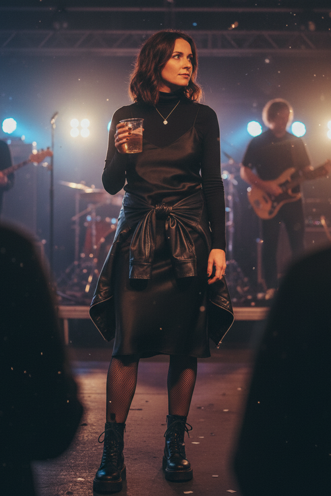 Black silk slip dress with fishnet tights and ankle boots for a winter concert.