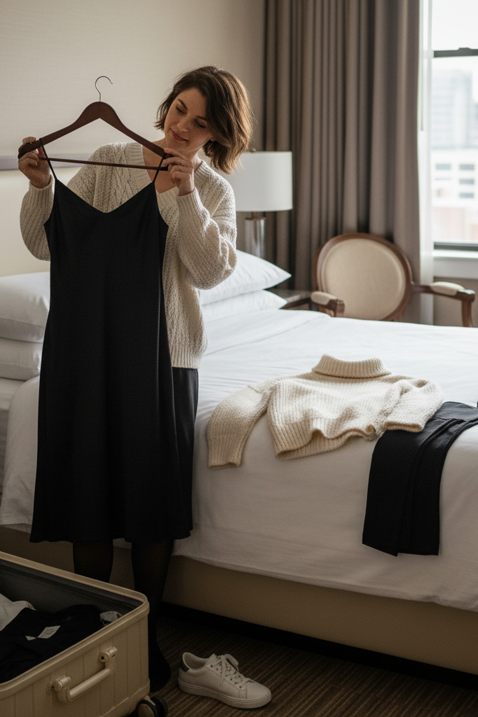 Black silk slip dress layered with a white turtleneck and tights for versatile travel.