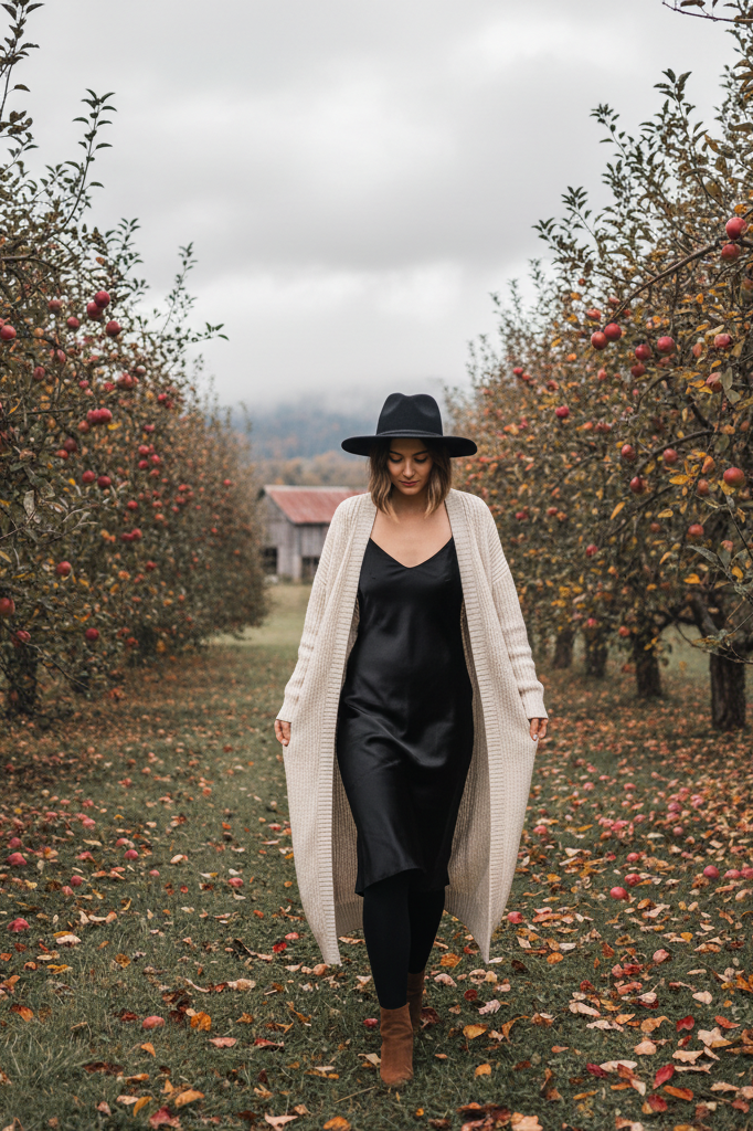Bohemian winter style with a black silk slip dress under a long beige cardigan, fleece-lined tights, and suede booties in an orchard.