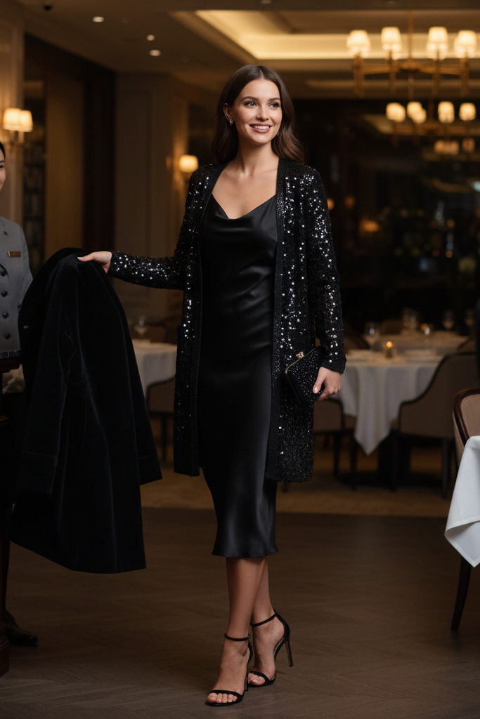 Black slip dress with a sequined cardigan and strappy heels for date night.