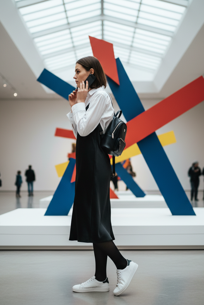 Black slip dress with a white button-down shirt and sneakers for museum visiting while traveling.