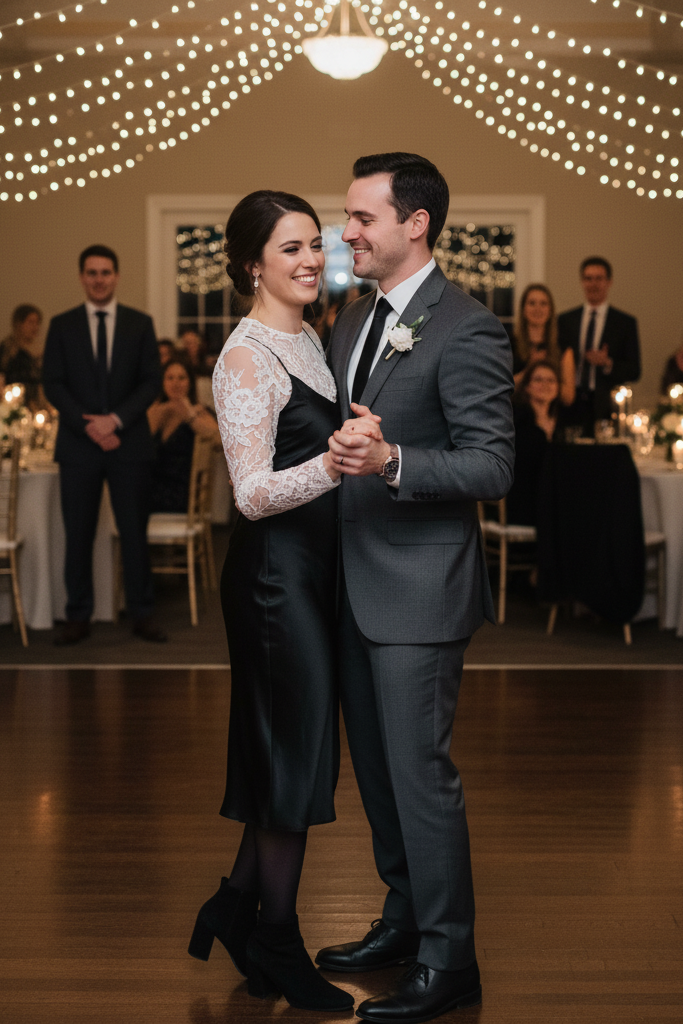 Black silk slip dress with a white lace top and heeled booties for a wedding reception.