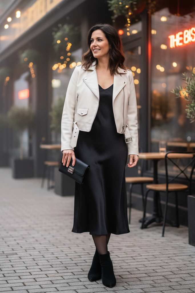 Black slip dress with a white leather jacket and heeled ankle boots for evening out.