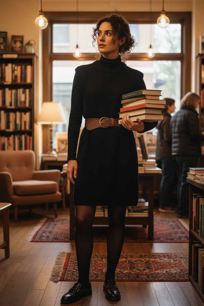 Polished casual look with a black sleeveless sweater dress layered over a black turtleneck, paired with tights and loafers in a bookstore.