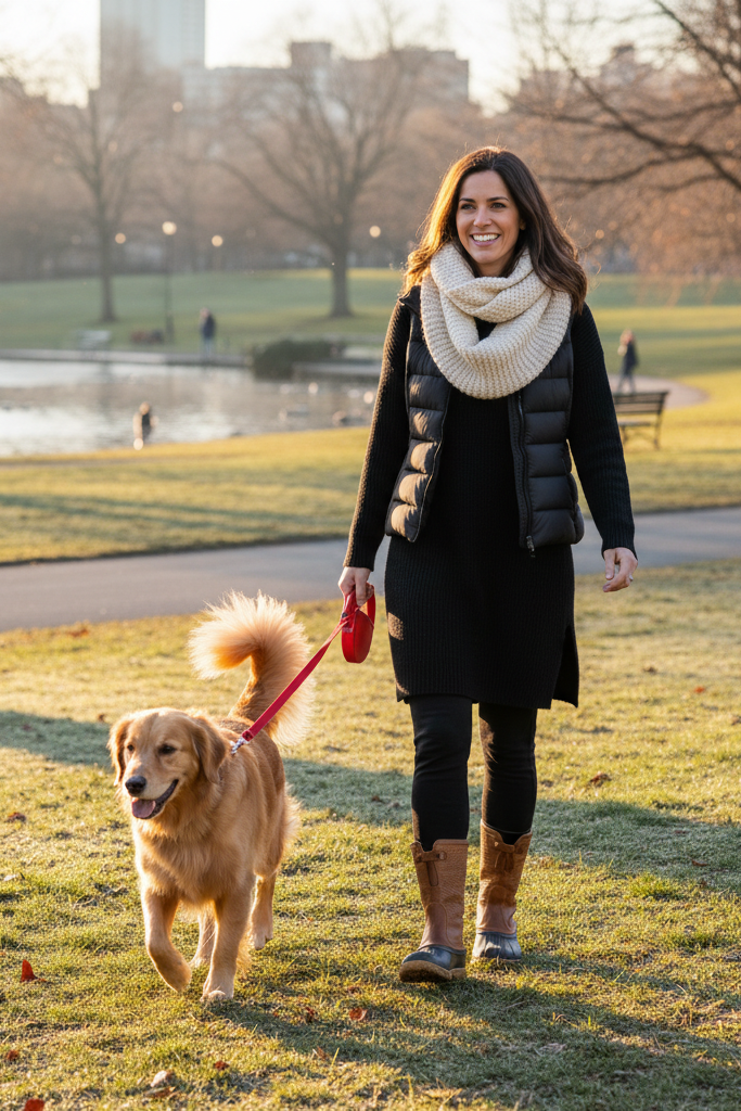 Stylish winter outfit for dog walking featuring a black sweater dress under a black puffer vest, with fleece-lined leggings and bean boots.