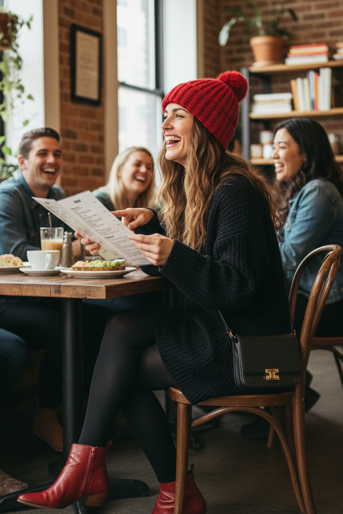 Black cable-knit sweater dress with red booties and a beanie for weekend brunch.