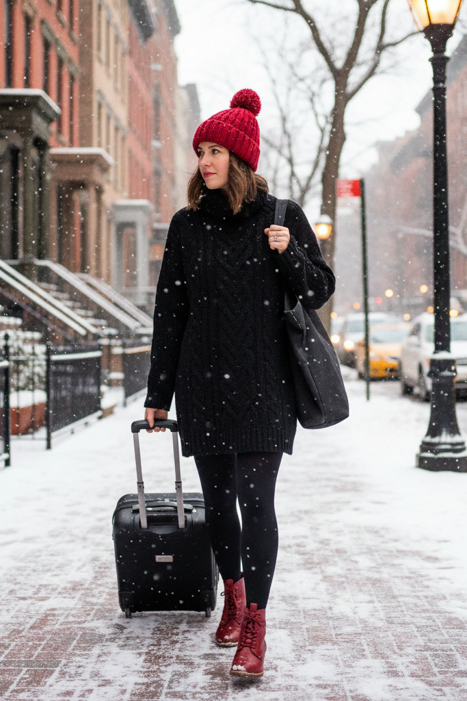 Black turtleneck sweater dress with red booties arriving in a snowy city.