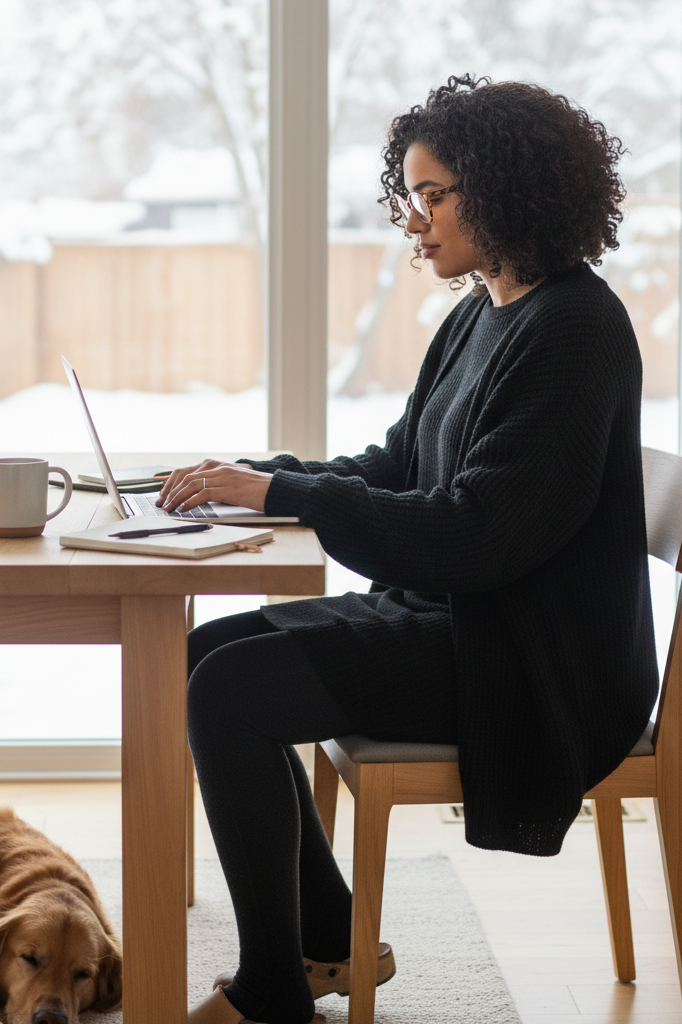 Black thermal knit dress with fleece-lined leggings for working from home.