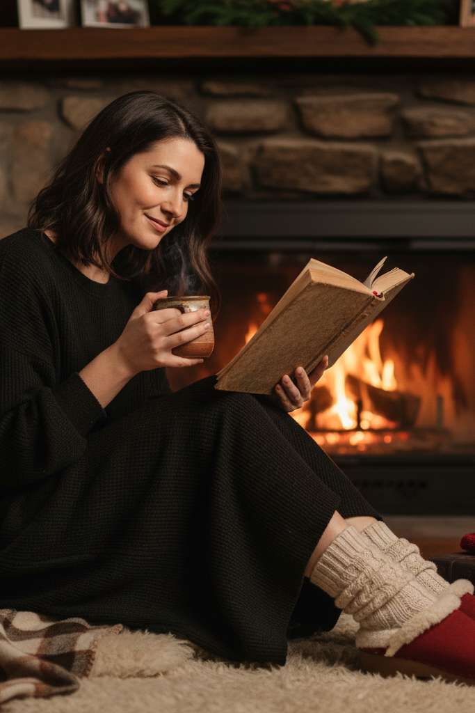 Black thermal knit dress with red shearling-lined clogs for cozy reading by the fireplace.