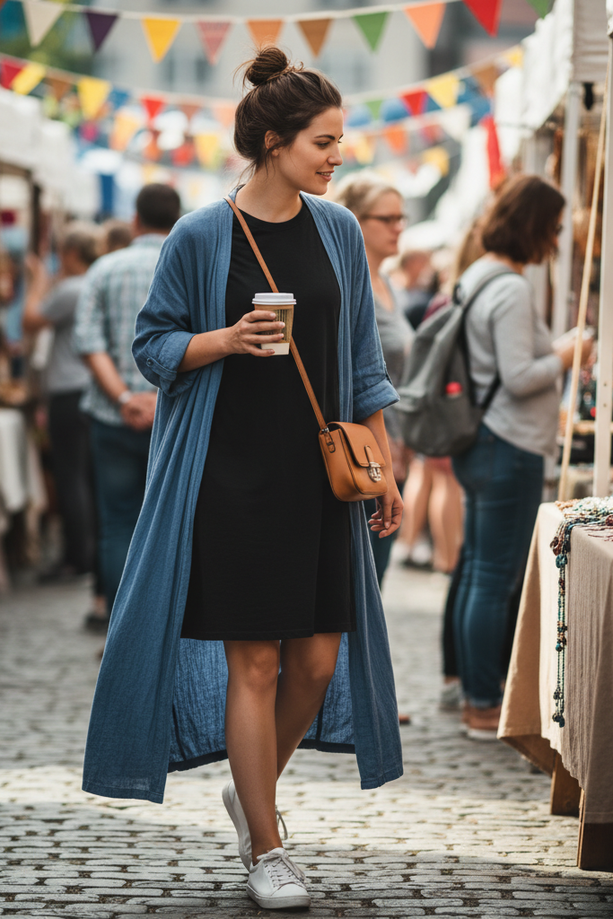 Black t-shirt dress with a long denim cardigan and white sneakers at a street fair.