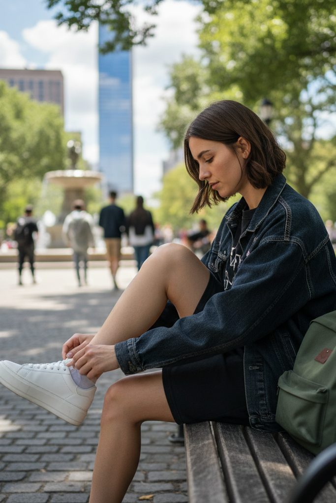 Cool, casual outfit with a black t-shirt dress, denim jacket, bike shorts, and white sneakers for a day in the park.